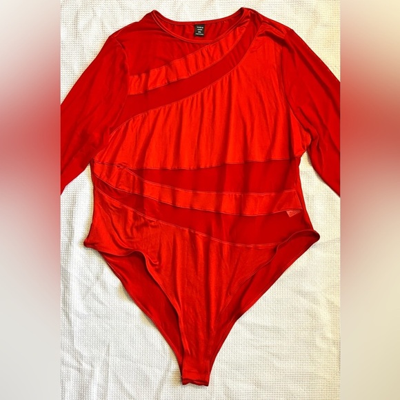 SHEIN Curve Plus Size Red Long Sleeve Sheer Mesh Splicing Bodysuit Women’s 3XL - Picture 2 of 16